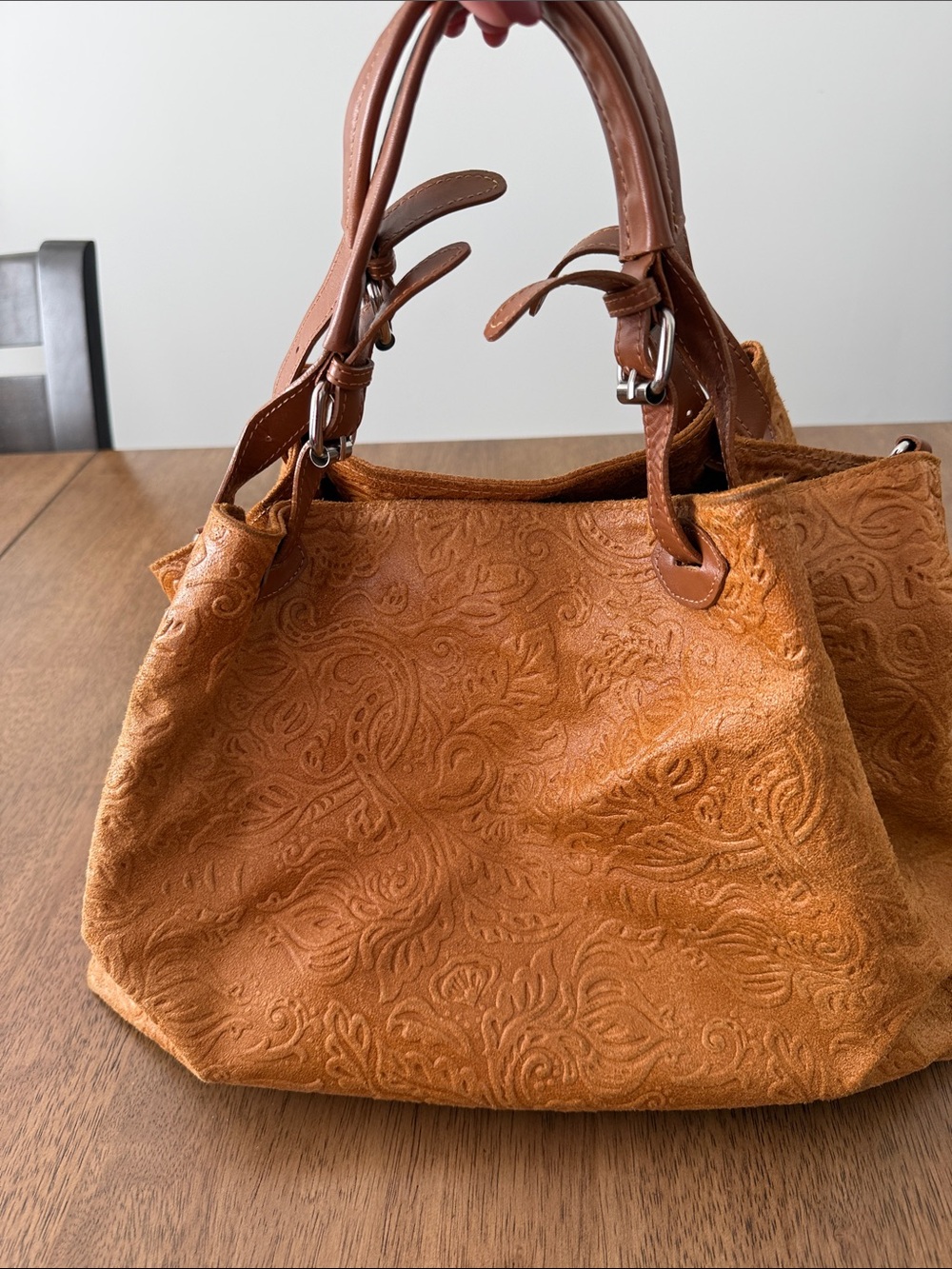 Embossed Suede Shoulder Bag in Cognac Brown